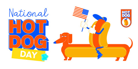 Cartoon hot dog with use flag riding a hot dog dachshund. Vector illustration. - 507227513