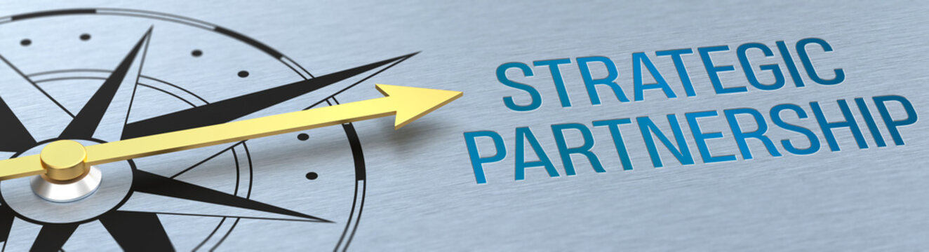 Compass needle pointing to the words Strategic Partnership - 3d rendering