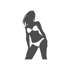 Silhouette relaxed beach woman in white bikini wet hair enjoying summer travel vacation spa resort vector illustration. Monochrome female in swimsuit seaside fashion slim body natural beauty emblem