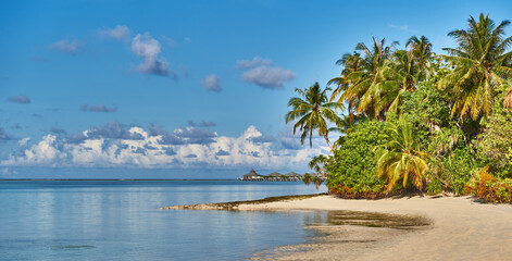 Paradise beaches of the Maldives. Tourism, travel and vacation in a luxury resort