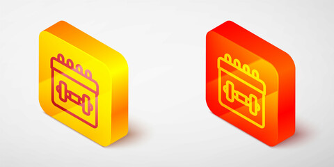 Isometric line Calendar fitness icon isolated on grey background. Training schedule. Yellow and orange square button. Vector