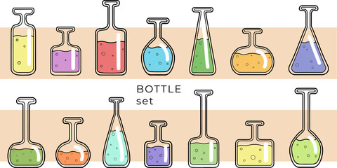 Set of vector glass bottles with colorful potions inside.