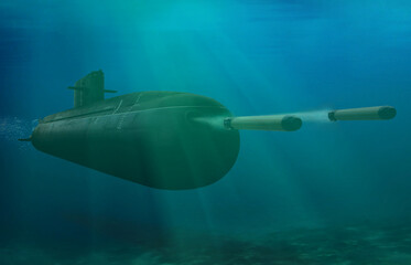 3D rendering submarine submerge underwater firing torpedoes in the open sea