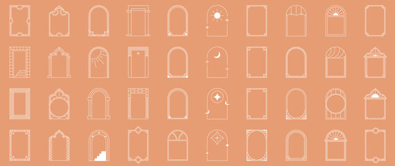 Set of line frame element vector. Abstract geometric line in minimal style with doors, stairs, stars, windows, ladders. Collection of different frame design for decorative, card, logo, ads.