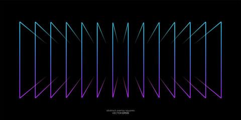 Abstract perspective rectangles line frame overlay pattern by colorful light line isolated on black background. Vector illustration in concept technology, modern, music.