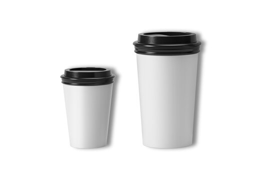 Two blank hot coffee cups isolated on white background with clipping path. disposable take away coffee or tea cups. 3d rendering.