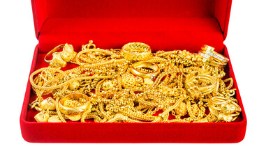Gold ornament in red box isolated on white background, Save with clipping path.