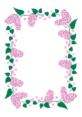 Frame with blooming lilac. A4 format. Lilac branches with leaves on a white background.