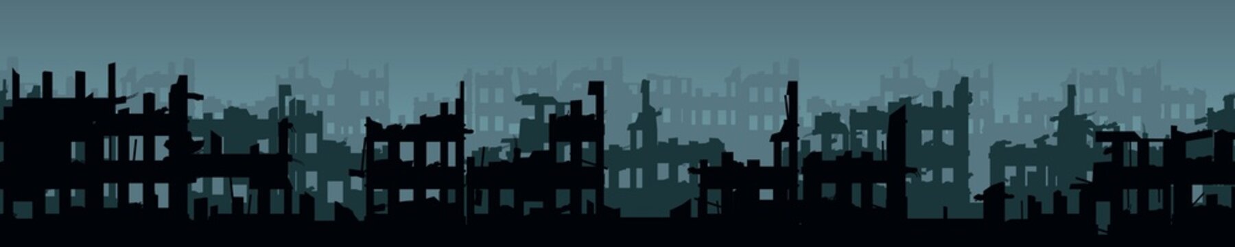 Bombed street. Ruined city. Scary evening twilight. Apocalypse natural or war. Seamless horizontal composition. Sad landscape of destruction. Vector