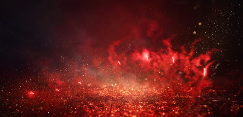 abstract black, red and gold glitter background with fireworks