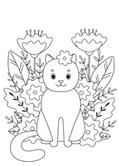 Cute coloring book with cat in flowers. Simple shapes, outline for children and adults. Vector illustration with editable stroke.