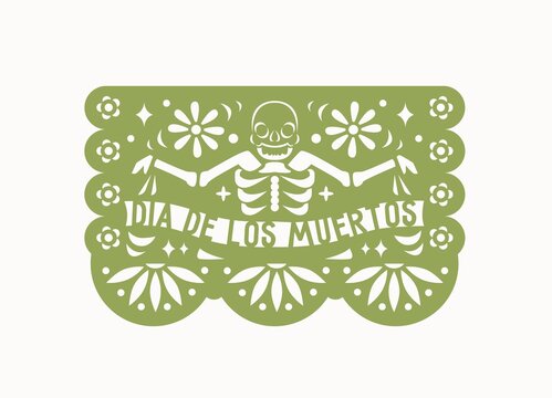 Mexican Papel Picado With Perforated Pattern Of Skeleton And Flowers. Traditional Folk Pecked Paper Flag For Mexico Holiday, Day Of Dead, Dia De Los Muertos. Isolated Flat Vector Illustration