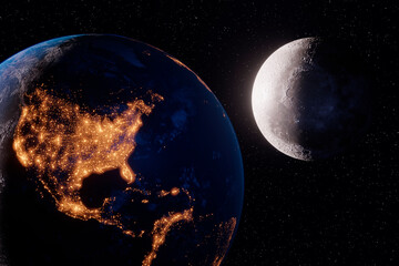 the planet earth and the moon, the shining cities of the USA, Canada, the concept program for the exploration of the moon. 3d illustration