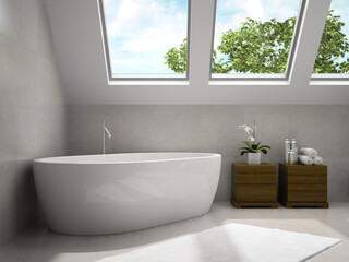 Fototapeta na wymiar Interior of modern bathroom with wooden cupboards 3D rendering