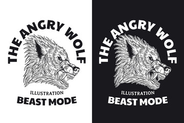Set Wolf Beast Horror Hand drawn Hatching Outline Symbol Tattoo Merchandise T-shirt Merch vintage