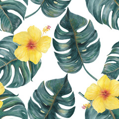Hand drawn seamless pattern with monstera leaves and yellow hibiscus flowers - 507233718