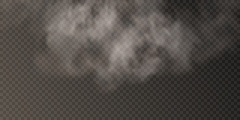 White smoke on a transparent black background. Steam explosion special effect. Vector texture steam, fog, cloud, smoke.