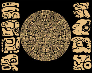Ancient Mayan calendar. Vector illustration on black background. Mayan calendar.Mask of the ancient peoples of America.Images of characters of ancient American Indians.The Aztecs, Mayans, Incas.
