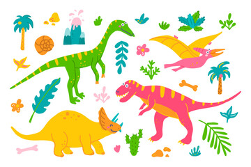 Bright set of dinosaurs and plants on white background in hand drawn style, vector childrens flat illustration