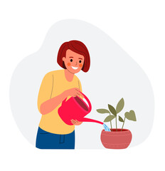 Young woman is watering house plants. Vector flat illustration