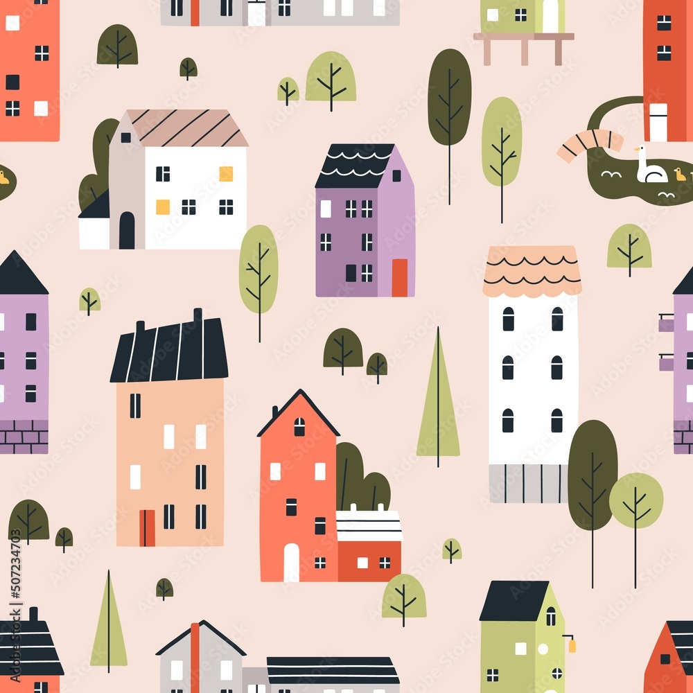 Aufkleber seamless scandinavian town pattern. endless background with cute small houses, trees. repeating prin