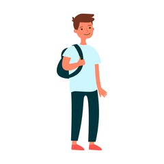 Schoolboy with a backpack on his back. Male cartoon characters of different generation. Man in ages of baby, kid, teenage boy, adult, senior person with cane. Vector