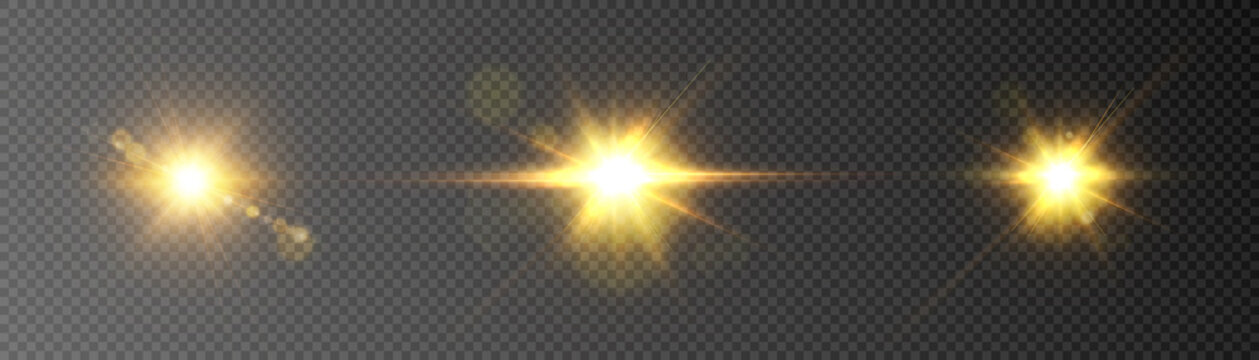 Light gold flash starlight png. Light sunlight. Shimmering glare on a transparent background. Vector