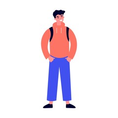 College student with books and backpacks standing together. Teen girls and guys meeting and talking. Vector illustration