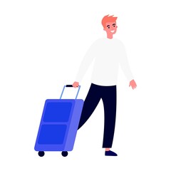 Young tourist with suitcase flat vector illustration. Group of people travelling abroad. Family with bags going from airport