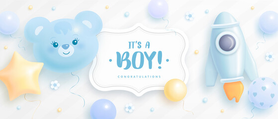 Baby shower horizontal banner with cartoon bear head, hot air balloon, helium balloons and clouds on light background. It's a boy. Vector illustration - obrazy, fototapety, plakaty