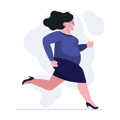 Fat woman in hurry. Female employee in high heeled shoes running to office flat vector illustration. Late, time management concept