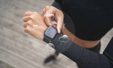 Smart watch uses on hand for sports, pulse and cardiogram, woman workout