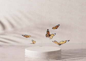 Podium standing in water with flying butterflies, on cream background. Beautiful mock up for product, cosmetic presentation. Pedestal or platform for beauty products. Empty scene, stage. 3D rendering.