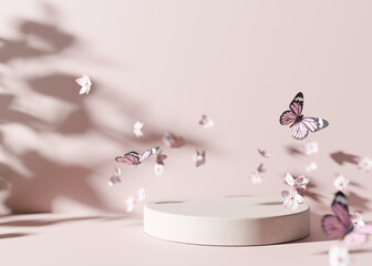 Podium with flying flowers and butterflies. Elegant podium for product, cosmetic presentation. Mock up. Summer or spring mood, blossom. Pedestal, platform for beauty products. 3D rendering.