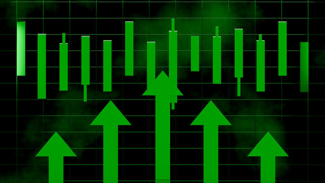 Green stock market graph up arrow, Global Stock market and cryptography market. 3d rendering