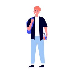 College boy student with books and backpacks standing together. Teen girls and guys meeting and talking. Vector illustration