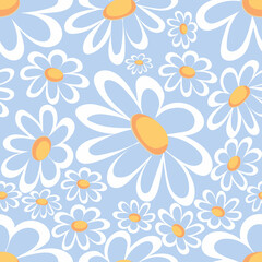 Seamless pattern with daisies on blue background. Suitable for textile, fabric, wallpaper, wrapping. Hand drawn vector illustration