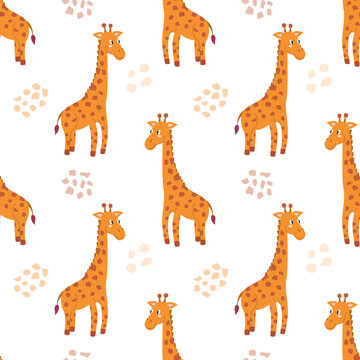 Vector seamless pattern with giraffe on white background. Decor for childrens posters, postcards, clothing and interior decoration