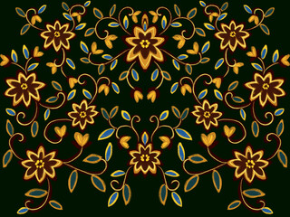 Yellow and green pattern abstract beautiful flower foliage leaf painting indian folk style Texture decoration on deep green