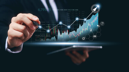 Business people analyze financial data chart trading forex, Investing in stock markets, funds and digital assets, Business finance technology and investment concept, Business finance background.