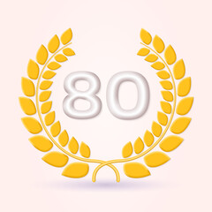 80 years anniversary laurel wreath 3d logo or icon. Jubilee, birthday badge, label design. 80th celebrating emblem. Vector illustration.