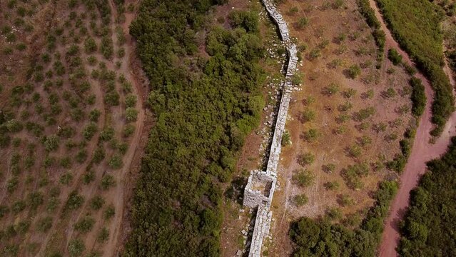 Aerial view of Ancient Messini wall ruins