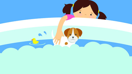 Girl bathing a puppy in the bathroom