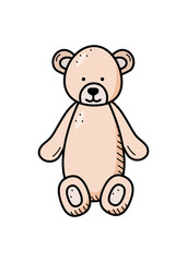 Teddy bear plush cartoon. Vector illustration stuffed bear toy for children. Doodle style.