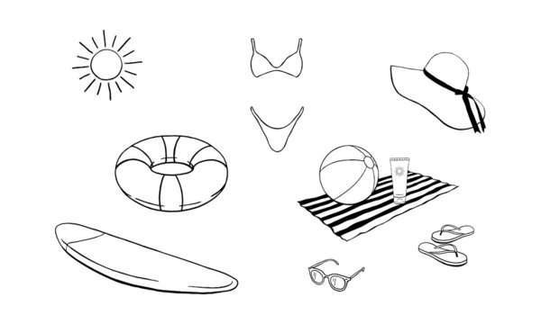 Hand drawn illustration set of beach essentials