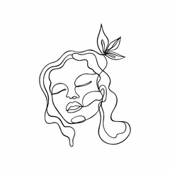 Vector illustration of female portrait in line art style, one line, doodle. Tattoos, icons, logos. Isolated on a white background.