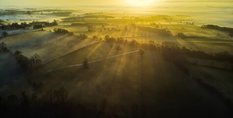 Dawn over Derbyshire fields, UK