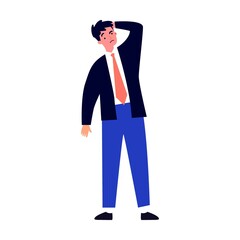 Confused business man asking questions. Puzzled cartoon characters searching answers and problem solution near big question mark