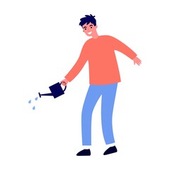 Cheerful man waters a plant from a garden watering can. Simple flat vector isolated on white background