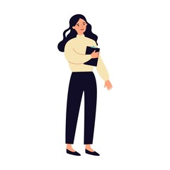 Business woman standing near increase chart. Group leader with spyglass looking far away. Vector illustration for leadership, challenge, training